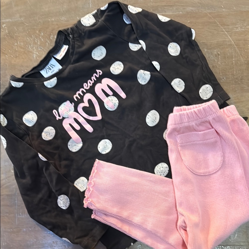 Zara Black Polka Dot Top and Pink Pants Set